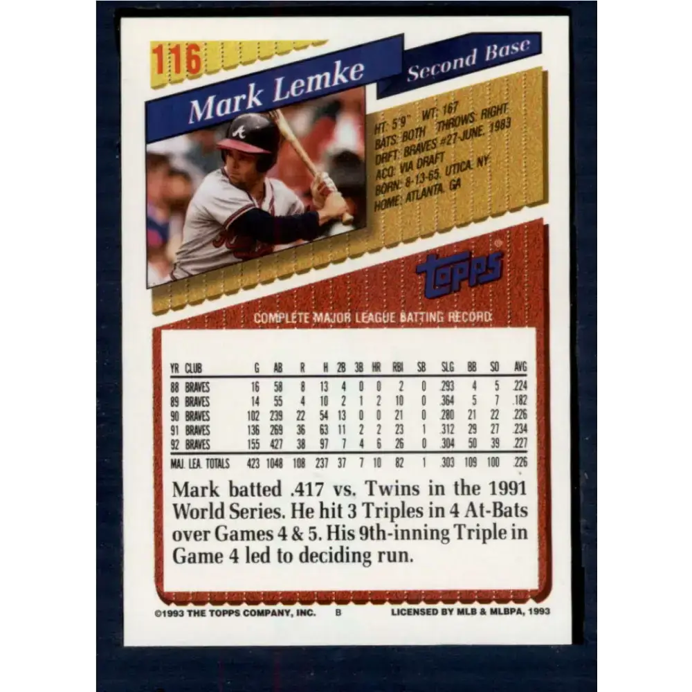 1993 Topps #116 Mark Lemke NM-MT Atlanta Braves Baseball Card - Baseball Card Single