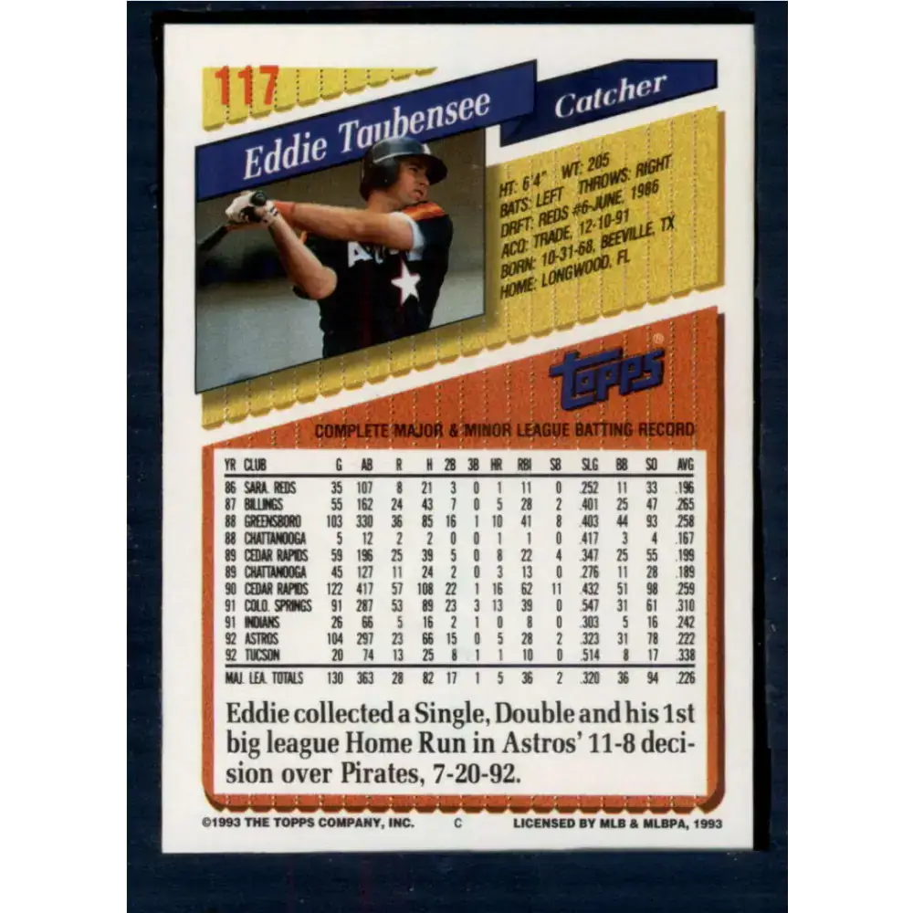 1993 Topps #117 Eddie Taubensee NM-MT Houston Astros Baseball Card - Baseball Card Single