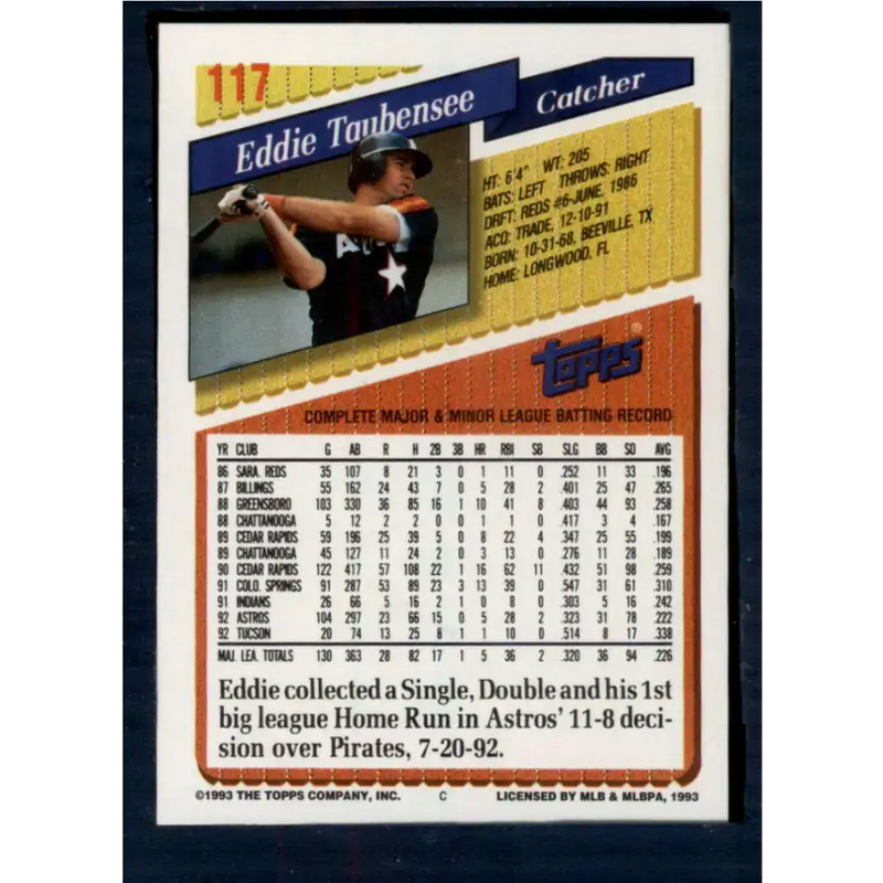1993 Topps #117 Eddie Taubensee NM-MT Houston Astros Baseball Card - Baseball Card Single