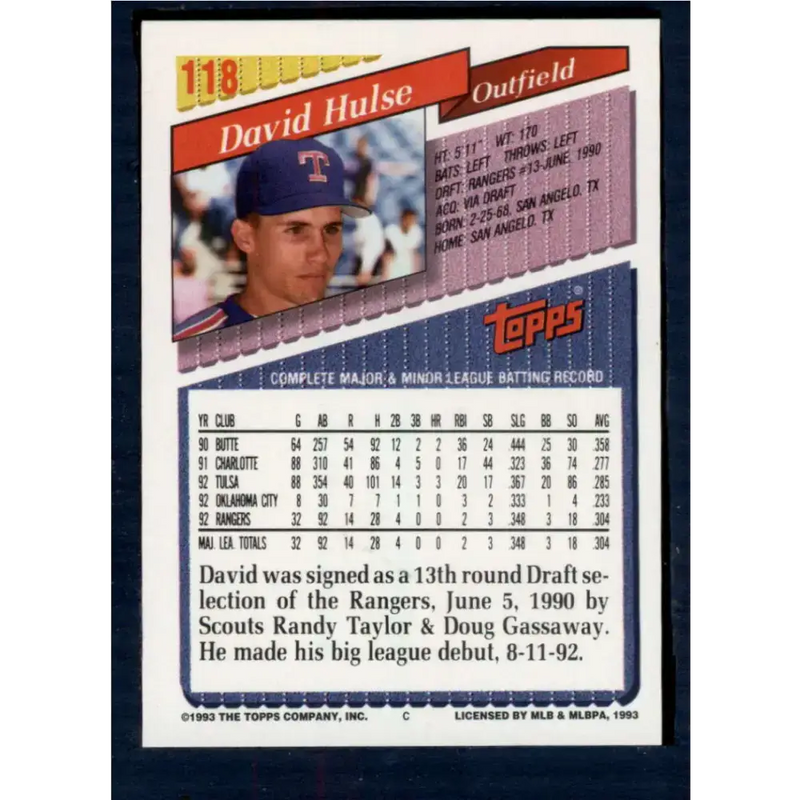 1993 Topps #118 David Hulse NM-MT RC Rookie Texas Rangers Baseball Card - Baseball Card Single