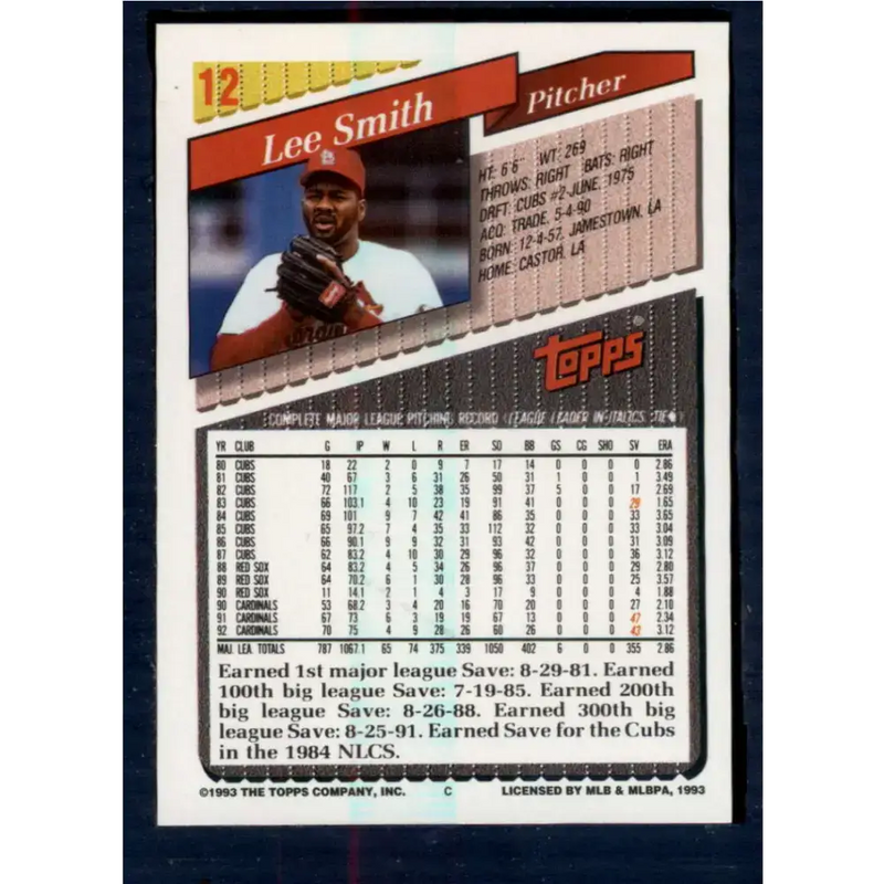 1993 Topps #12 Lee Smith NM-MT St. Louis Cardinals Baseball Card