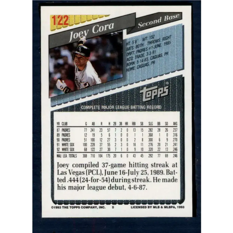 1993 Topps #122 Joey Cora NM-MT Chicago White Sox Baseball Card - Baseball Card Single