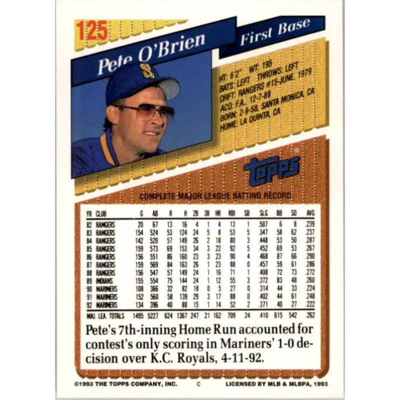 1993 Topps #125 Pete O’Brien NM-MT Seattle Mariners Baseball Card - Baseball Card Single