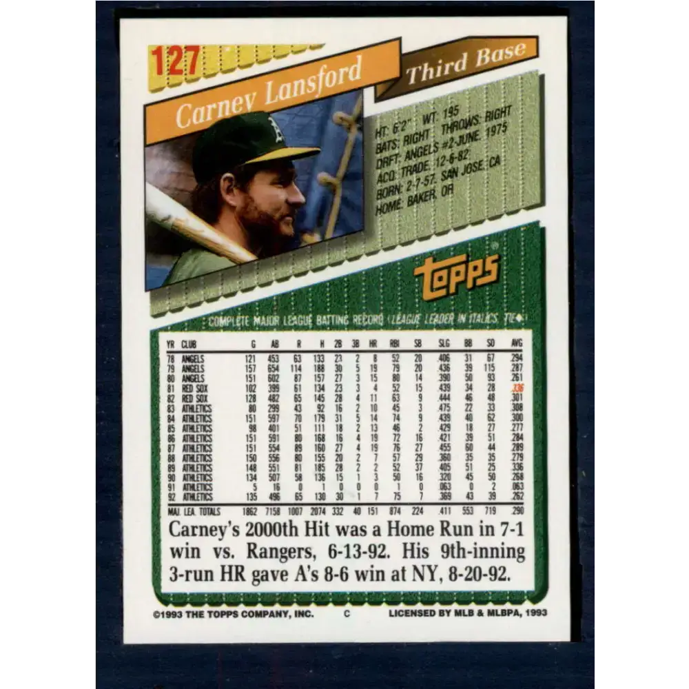 1993 Topps #127 Carney Lansford NM-MT Oakland Athletics Baseball Card - Baseball Card Single