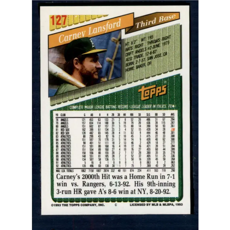 1993 Topps #127 Carney Lansford NM-MT Oakland Athletics Baseball Card - Baseball Card Single