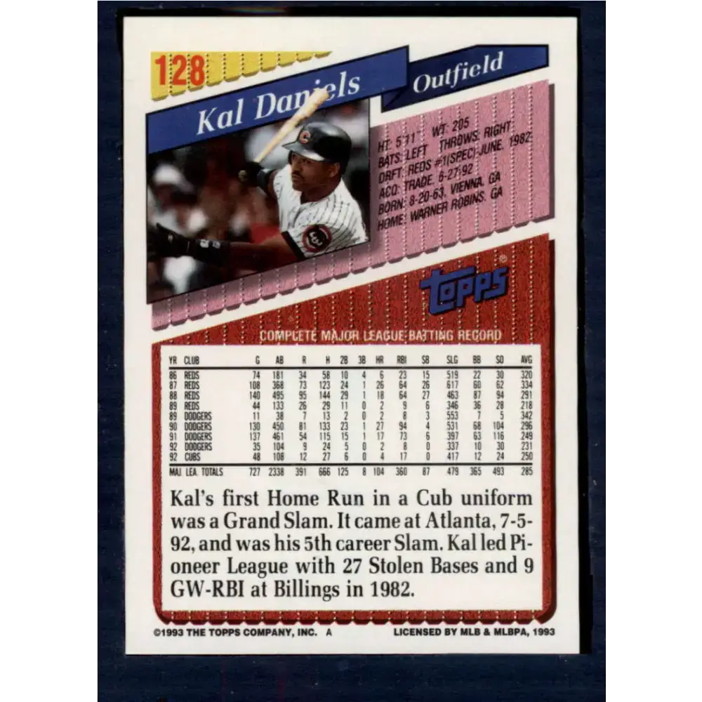 1993 Topps #128 Kal Daniels NM-MT Chicago Cubs Baseball Card - Baseball Card Single