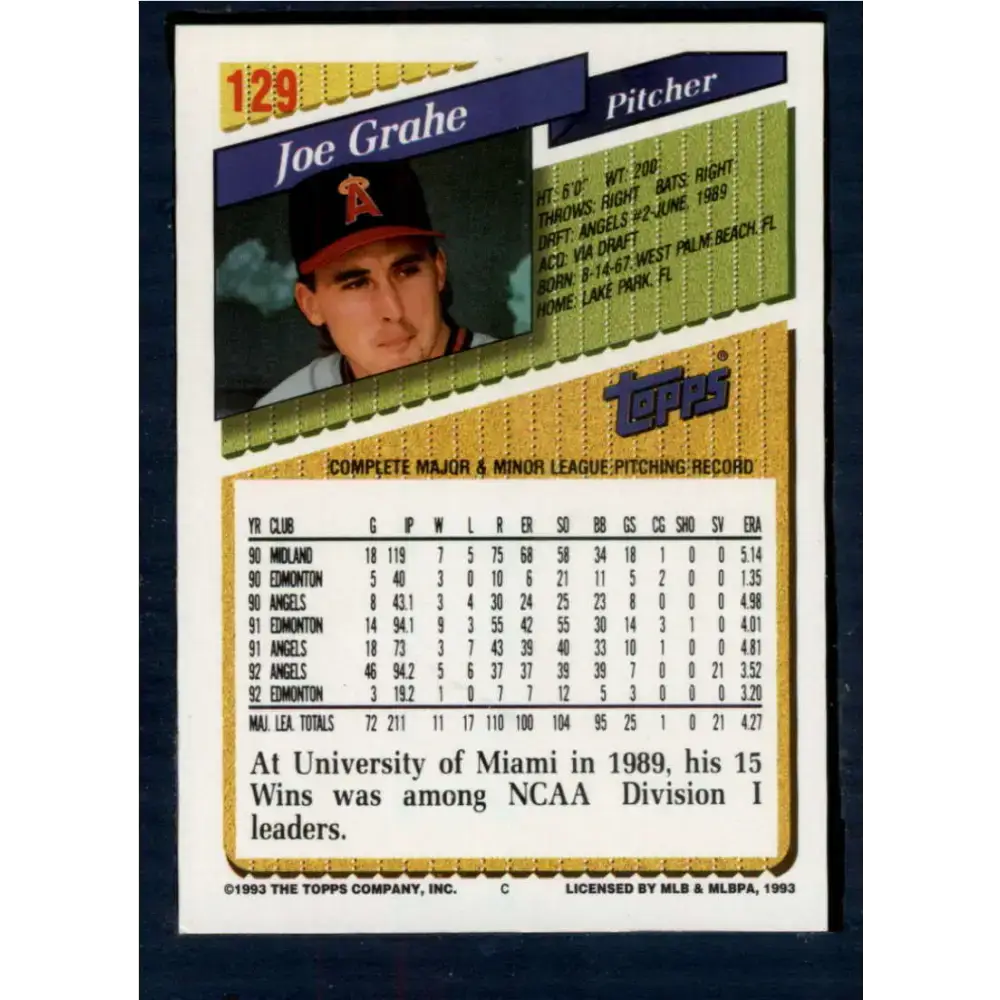 1993 Topps #129 Joe Grahe NM-MT California Angels Baseball Card - Baseball Card Single