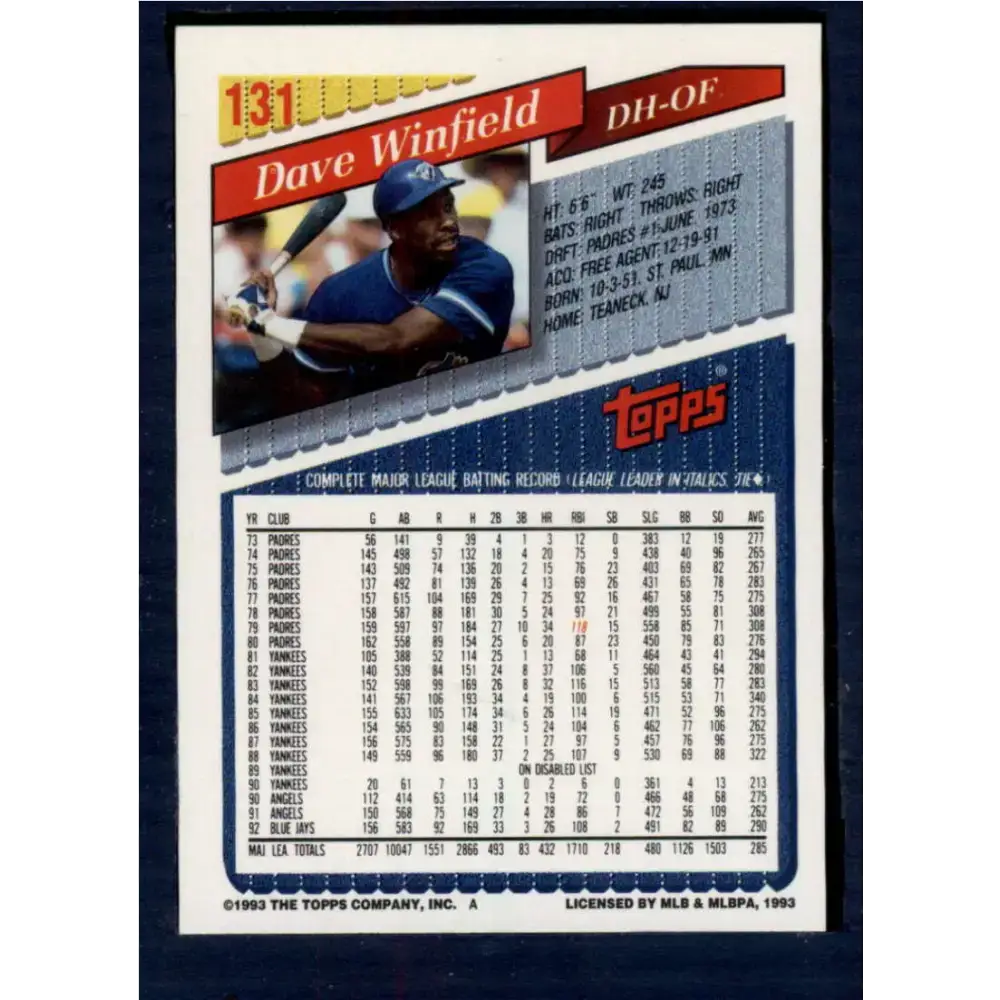 1993 Topps #131 Dave Winfield NM-MT Toronto Blue Jays Baseball Card - Baseball Card Single