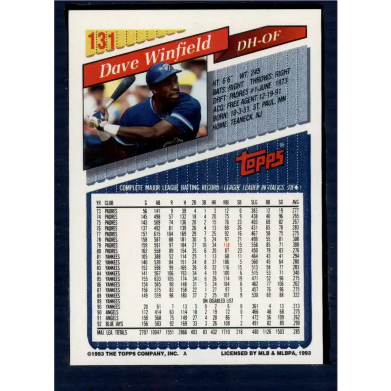 1993 Topps #131 Dave Winfield NM-MT Toronto Blue Jays Baseball Card - Baseball Card Single