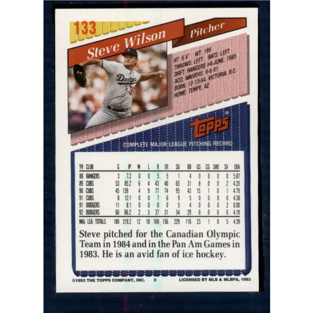 1993 Topps #133 Steve Wilson NM-MT Los Angeles Dodgers Baseball Card - Baseball Card Single
