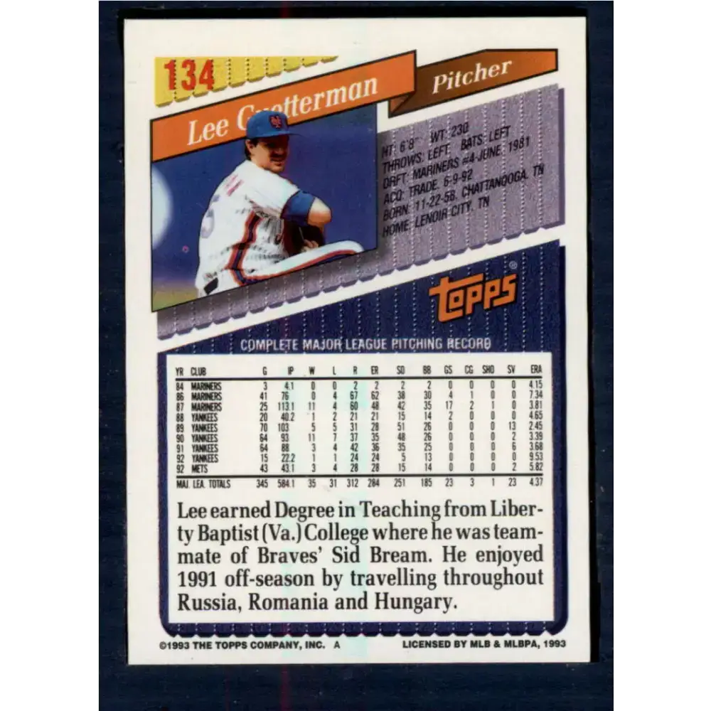 1993 Topps #134 Lee Guetterman NM-MT New York Mets Baseball Card - Baseball Card Single