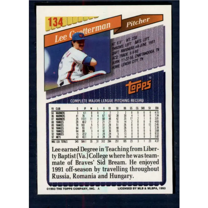 1993 Topps #134 Lee Guetterman NM-MT New York Mets Baseball Card - Baseball Card Single