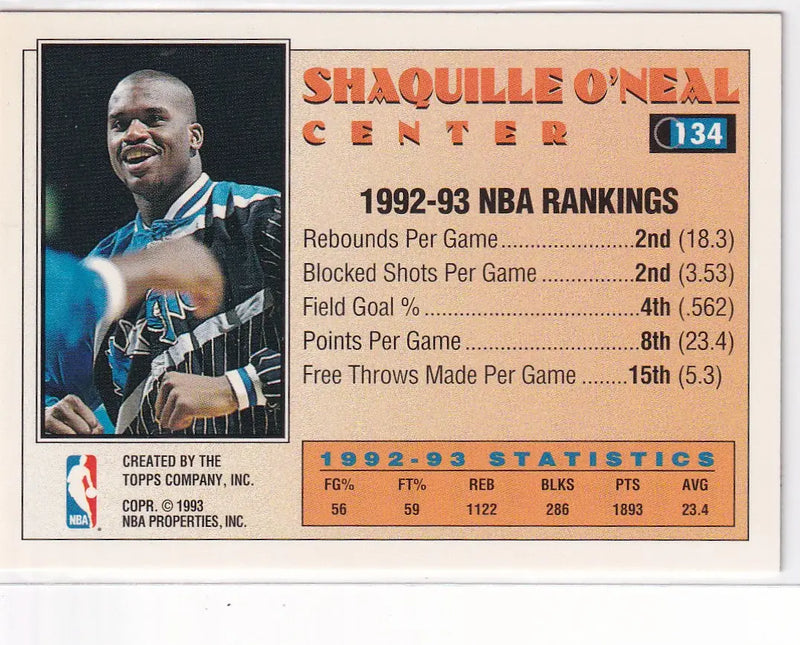 1993 TOPPS #134 SHAQUILLE ONEAL ALL STAR- ORLANDO MAGIC - Basketball Card Single