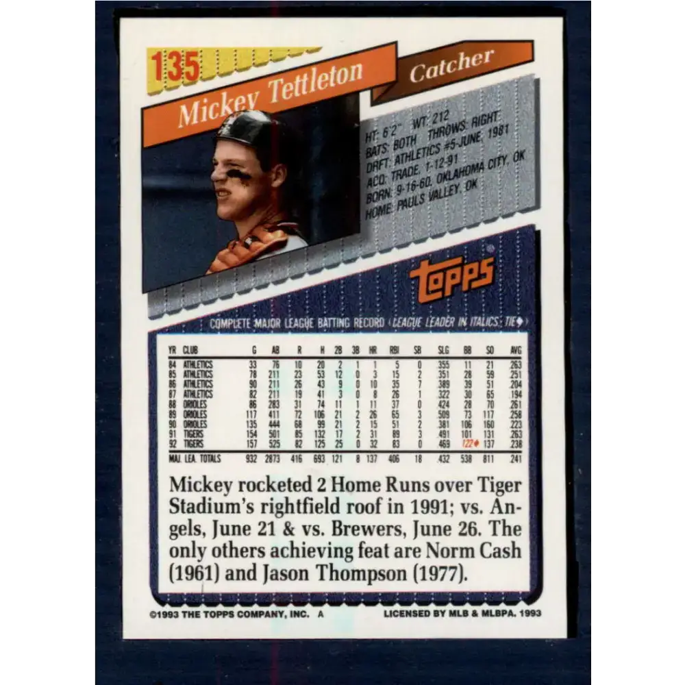 1993 Topps #135 Mickey Tettleton NM-MT Detroit Tigers Baseball Card - Baseball Card Single