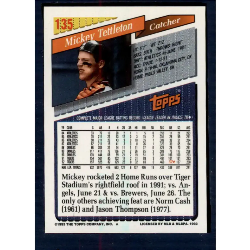 1993 Topps #135 Mickey Tettleton NM-MT Detroit Tigers Baseball Card - Baseball Card Single