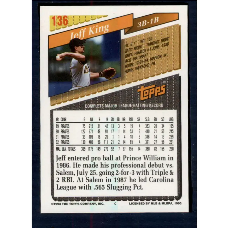 1993 Topps #136 Jeff King NM-MT Pittsburgh Pirates Baseball Card - Baseball Card Single