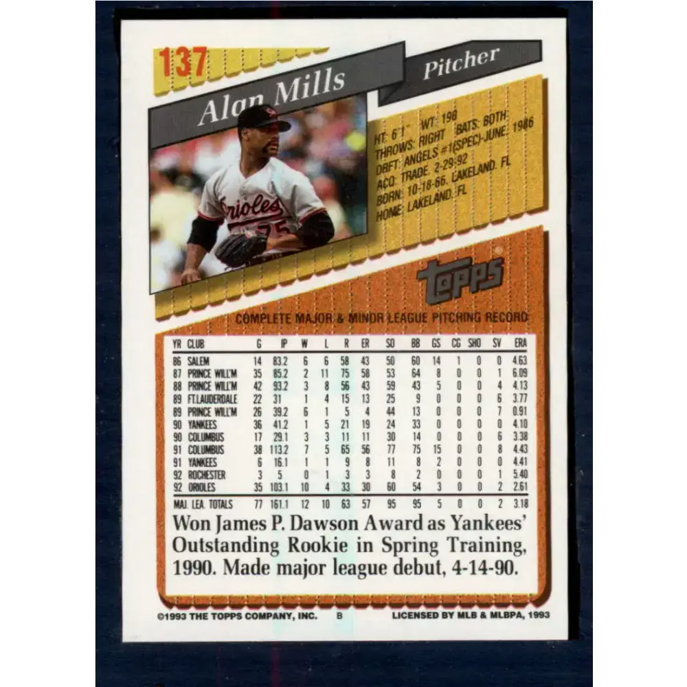 1993 Topps #137 Alan Mills NM-MT Baltimore Orioles Baseball Card - Baseball Card Single