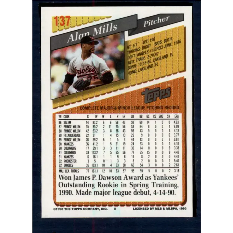 1993 Topps #137 Alan Mills NM-MT Baltimore Orioles Baseball Card - Baseball Card Single