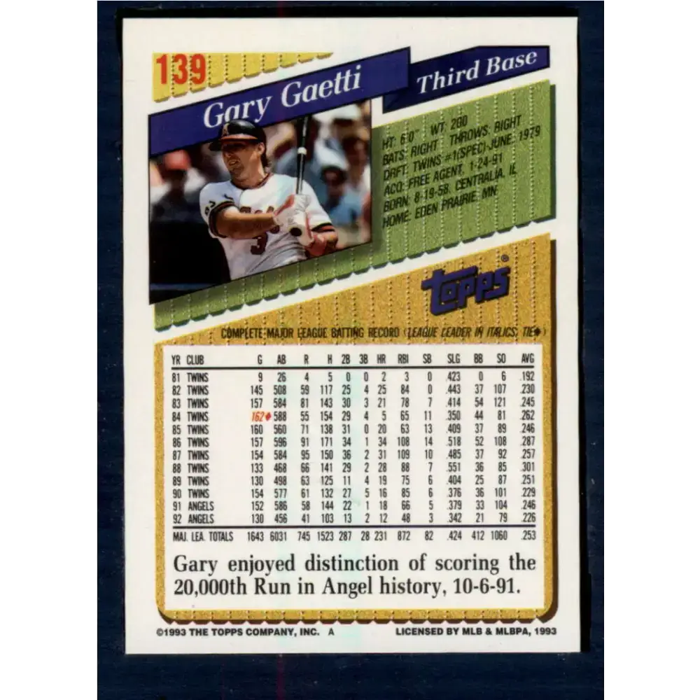 1993 Topps #139 Gary Gaetti NM-MT California Angels Baseball Card
