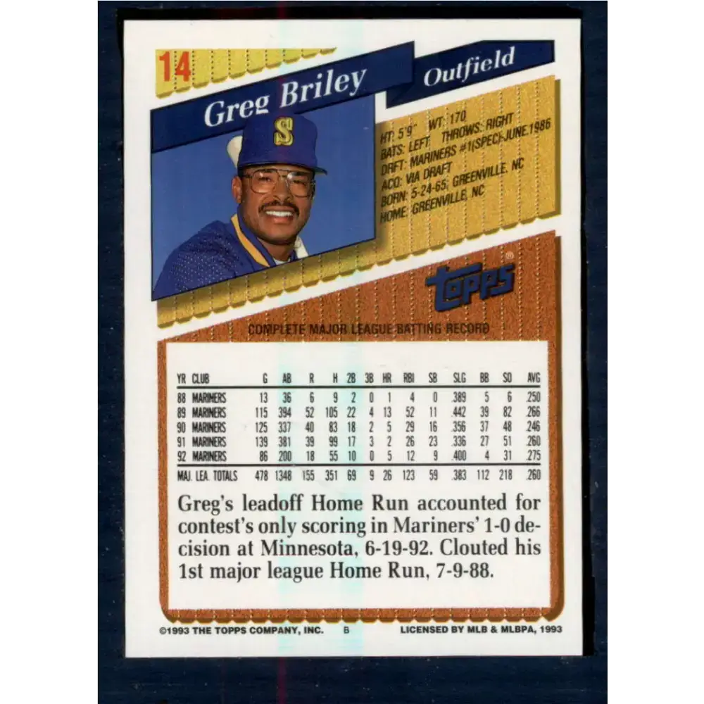 1993 Topps #14 Greg Briley NM-MT Seattle Mariners Baseball Card - Baseball Card Single