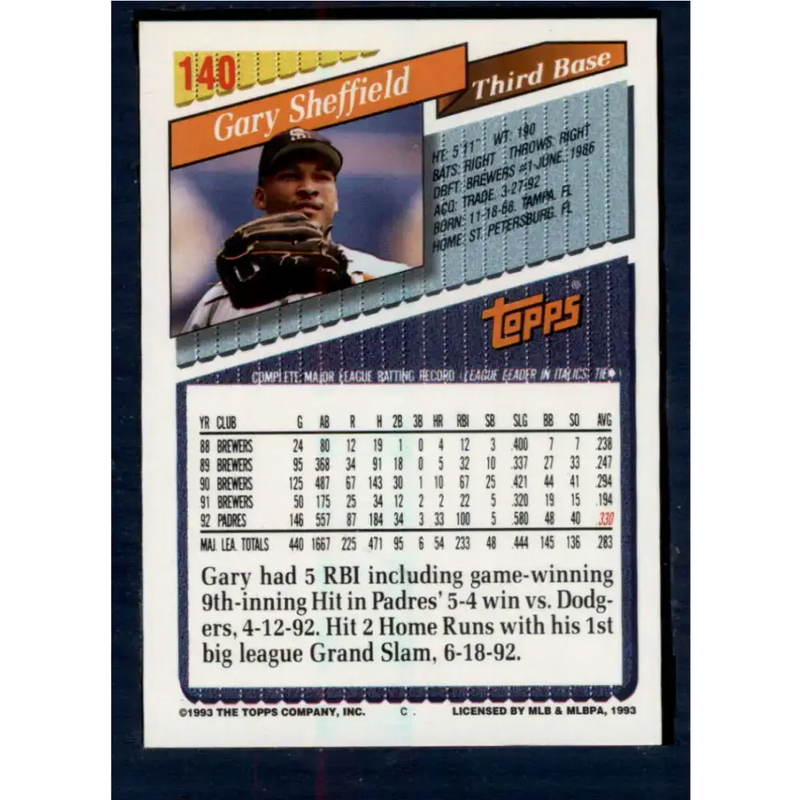 1993 Topps #140 Gary Sheffield NM-MT San Diego Padres Baseball Card