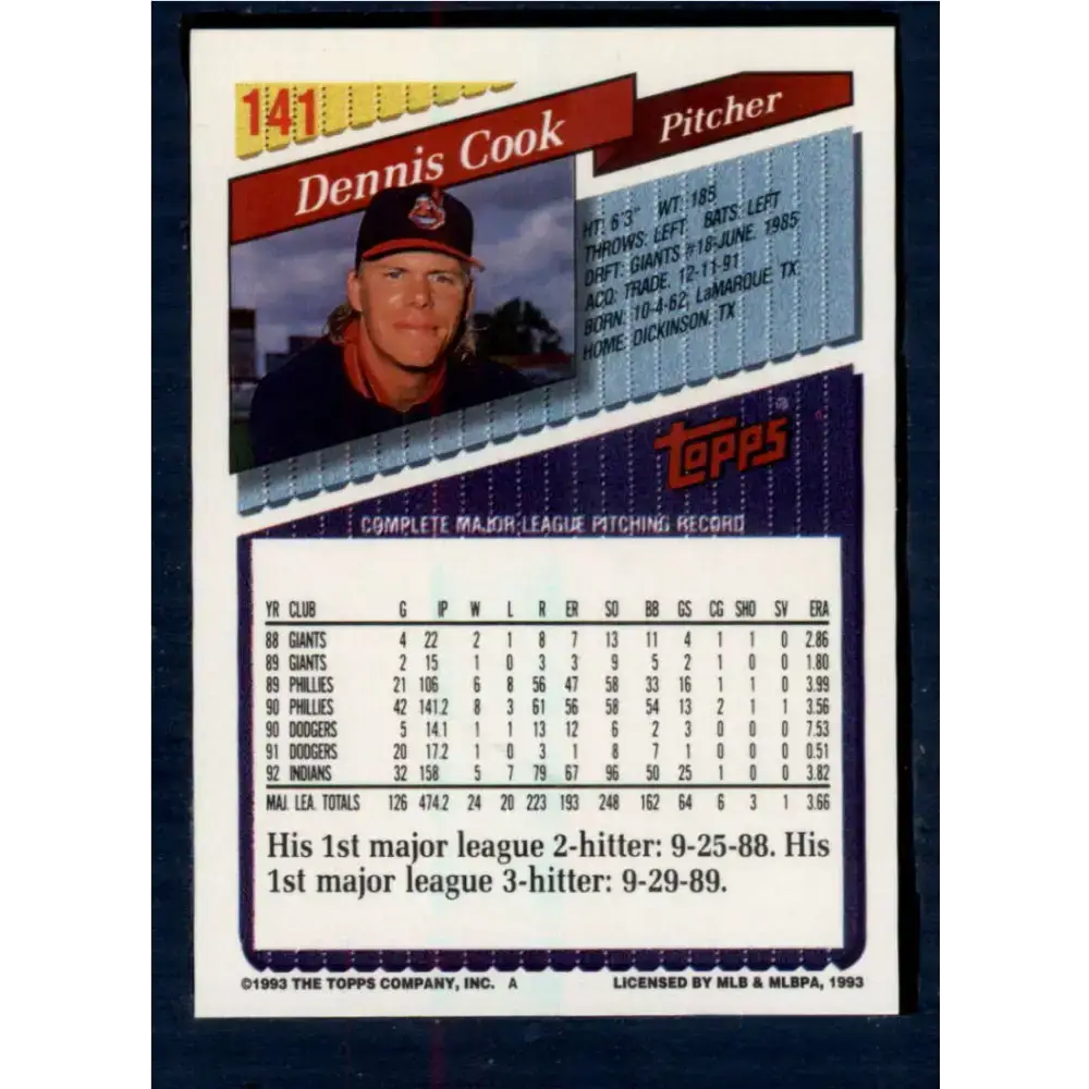 1993 Topps #141 Dennis Cook NM-MT Cleveland Indians Baseball Card - Baseball Card Single