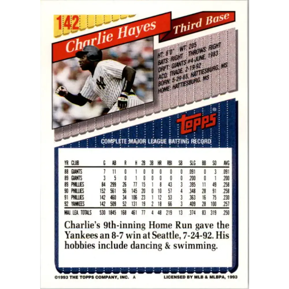 1993 Topps #142 Charlie Hayes NM-MT New York Yankees Baseball Card - Baseball Card Single