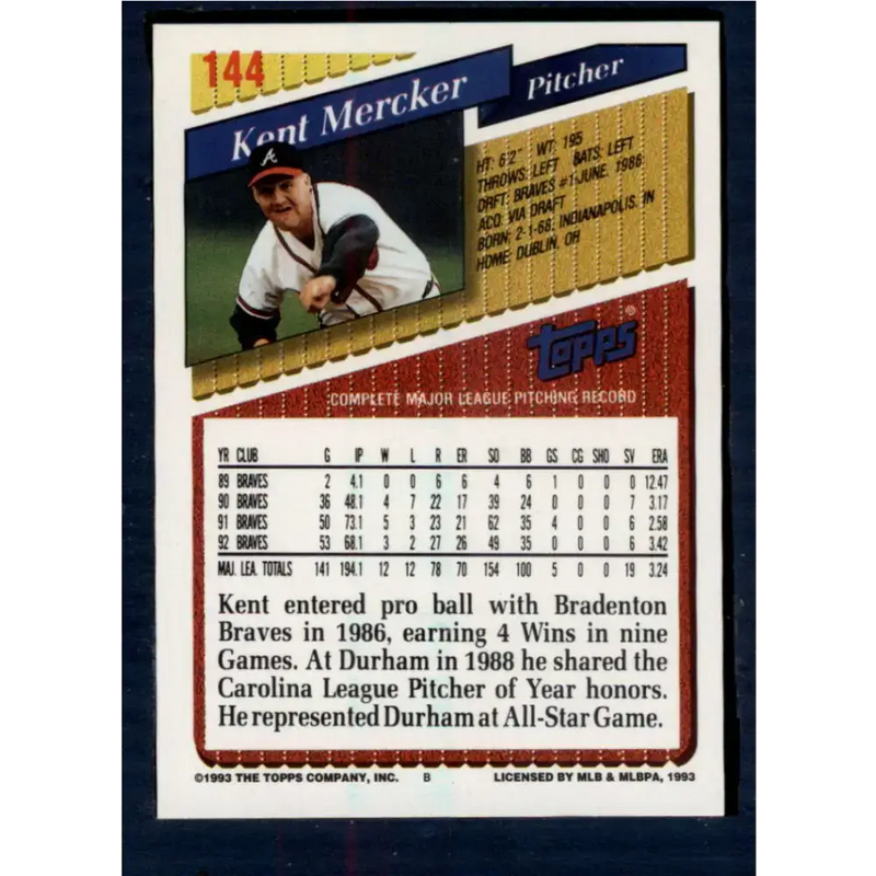 1993 Topps #144 Kent Mercker NM-MT Atlanta Braves Baseball Card - Baseball Card Single