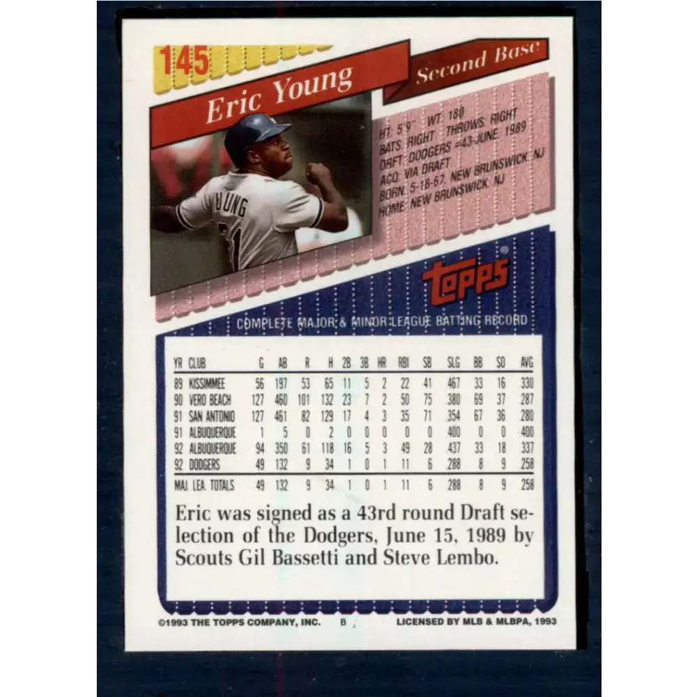 1993 Topps #145 Eric Young NM-MT Los Angeles Dodgers Baseball Card - Baseball Card Single