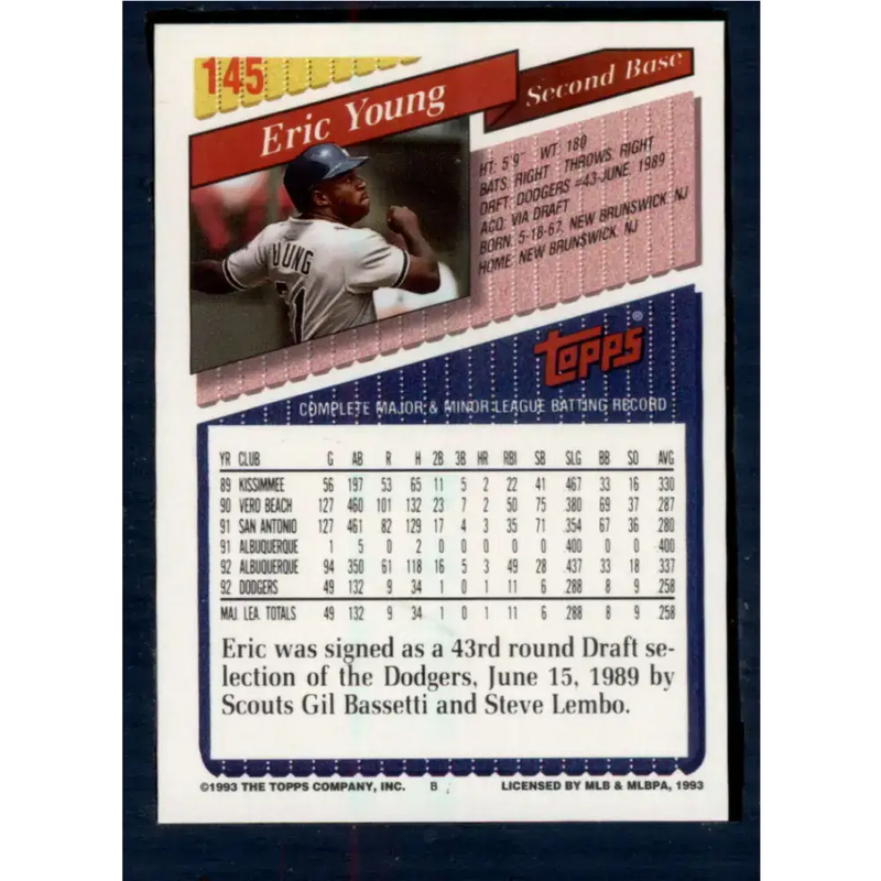 1993 Topps #145 Eric Young NM-MT Los Angeles Dodgers Baseball Card - Baseball Card Single