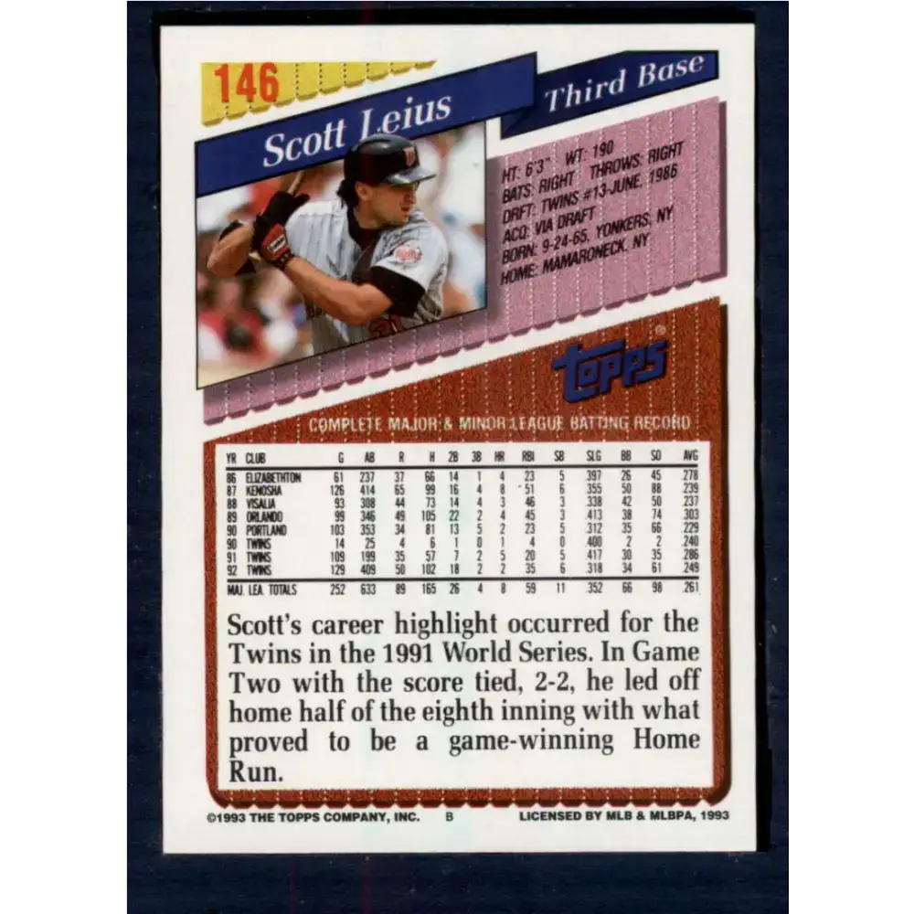 1993 Topps #146 Scott Leius NM-MT Minnesota Twins Baseball Card - Baseball Card Single