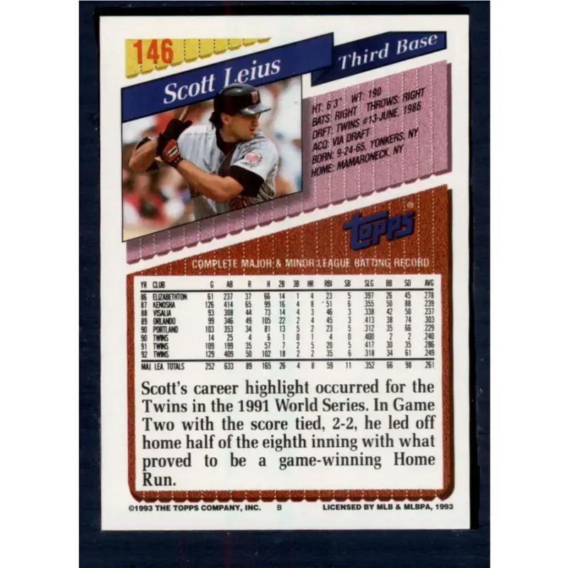 1993 Topps #146 Scott Leius NM-MT Minnesota Twins Baseball Card - Baseball Card Single