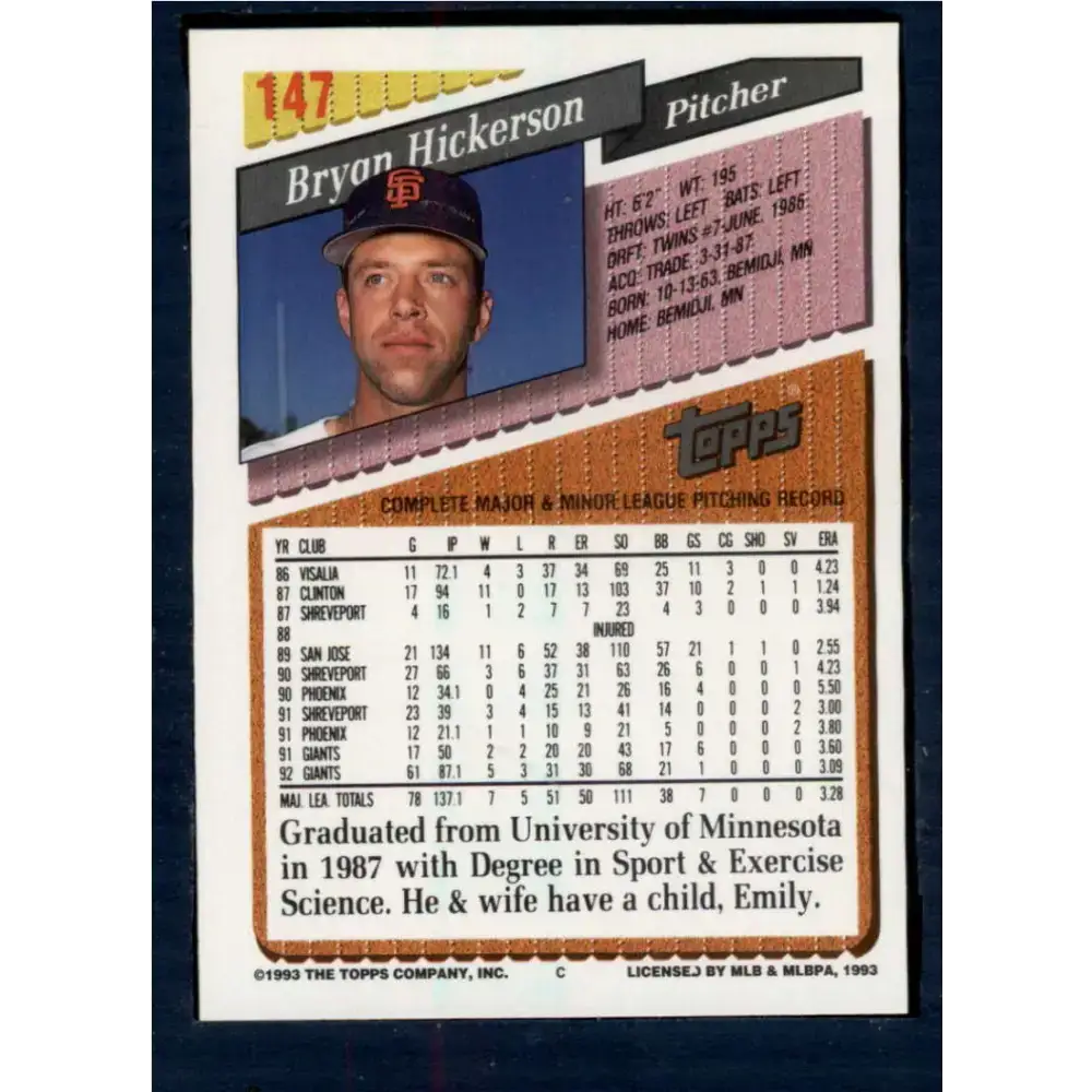 1993 Topps #147 Bryan Hickerson NM-MT San Francisco Giants Baseball Card - Baseball Card Single