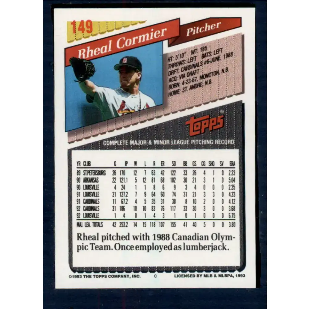 1993 Topps #149 Rheal Cormier NM-MT St. Louis Cardinals Baseball Card - Baseball Card Single