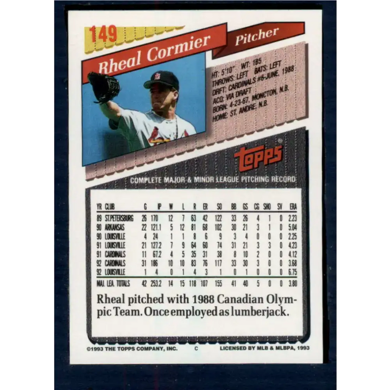 1993 Topps #149 Rheal Cormier NM-MT St. Louis Cardinals Baseball Card - Baseball Card Single