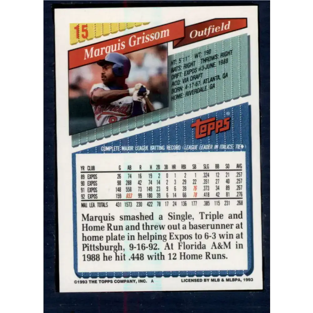 1993 Topps #15 Marquis Grissom NM-MT Montreal Expos Baseball Card - Baseball Card Single
