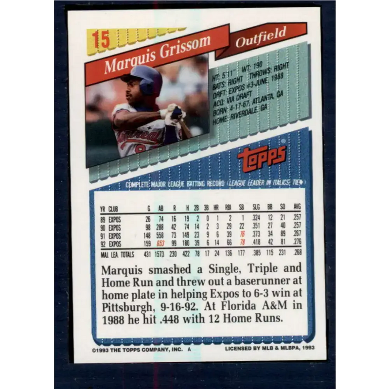 1993 Topps #15 Marquis Grissom NM-MT Montreal Expos Baseball Card - Baseball Card Single