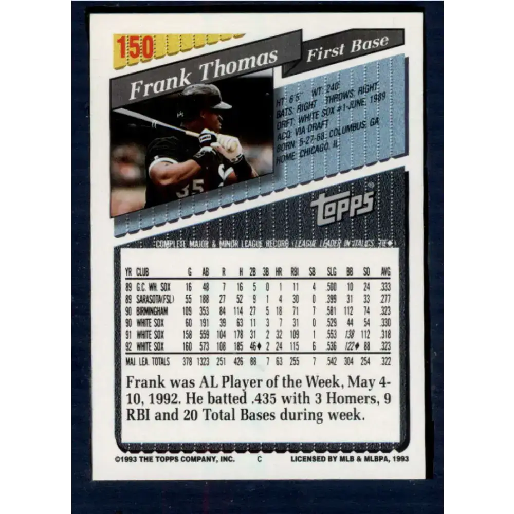 1993 Topps #150 Frank Thomas NM-MT Chicago White Sox Baseball Card - Baseball Card Single