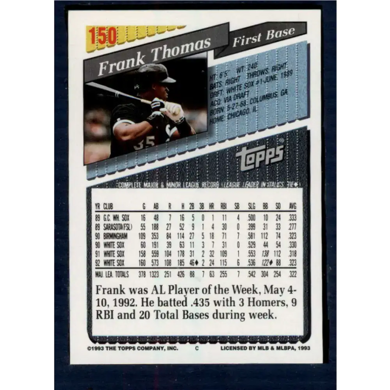 1993 Topps #150 Frank Thomas NM-MT Chicago White Sox Baseball Card - Baseball Card Single
