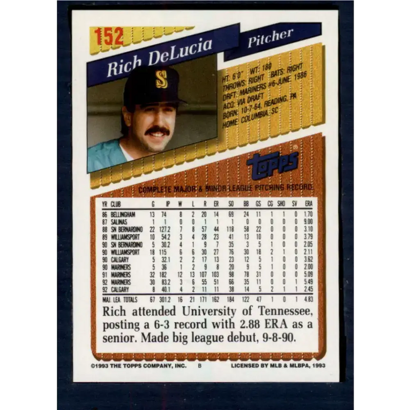 1993 Topps #152 Rich DeLucia NM-MT Seattle Mariners Baseball Card - Baseball Card Single