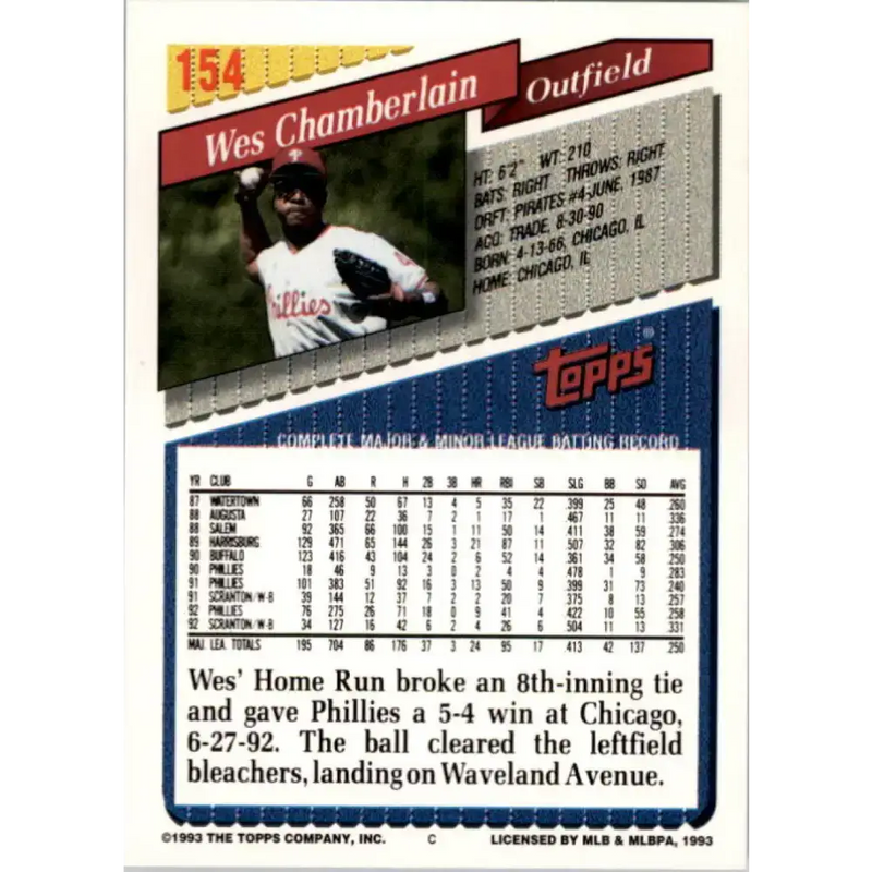 1993 Topps #154 Wes Chamberlain NM-MT Philadelphia Phillies Baseball Card - Baseball Card Single