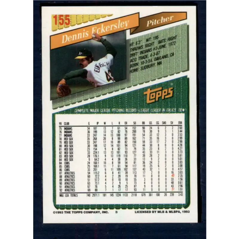 1993 Topps #155 Dennis Eckersley NM-MT Oakland Athletics Baseball Card - Baseball Card Single