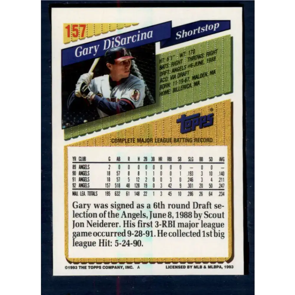 1993 Topps #157 Gary DiSarcina NM-MT California Angels Baseball Card - Baseball Card Single