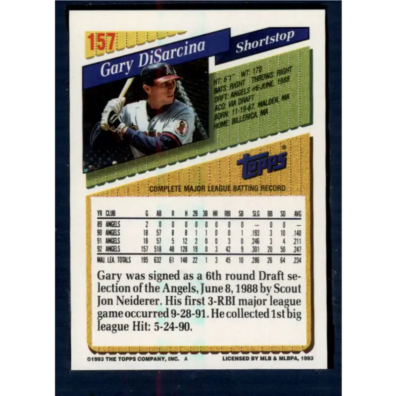 1993 Topps #157 Gary DiSarcina NM-MT California Angels Baseball Card - Baseball Card Single