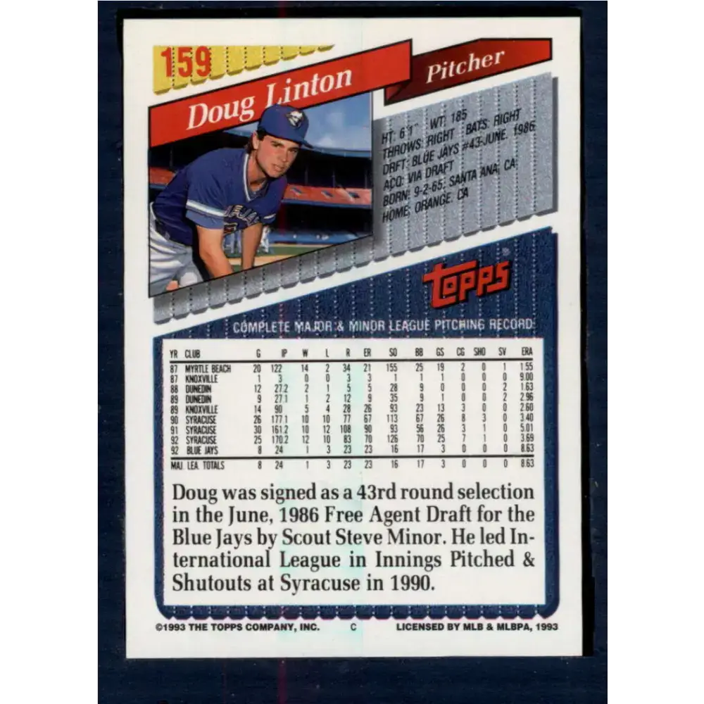 1993 Topps #159 Doug Linton NM-MT Toronto Blue Jays Baseball Card - Baseball Card Single
