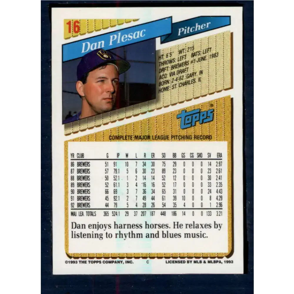 1993 Topps #16 Dan Plesac NM-MT Milwaukee Brewers Baseball Card - Baseball Card Single