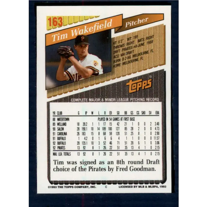 1993 Topps #163 Tim Wakefield NM-MT Pittsburgh Pirates Baseball Card - Baseball Card Single