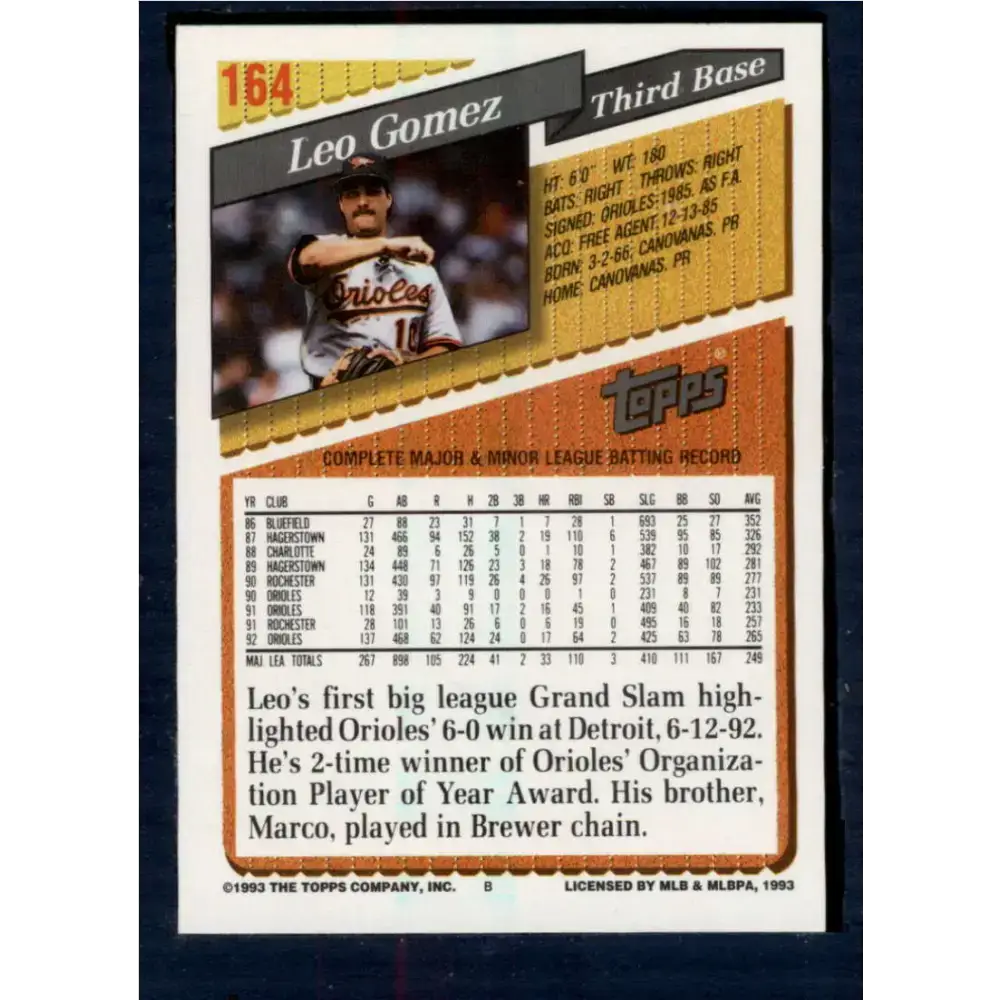 1993 Topps #164 Leo Gomez NM-MT Baltimore Orioles Baseball Card - Baseball Card Single