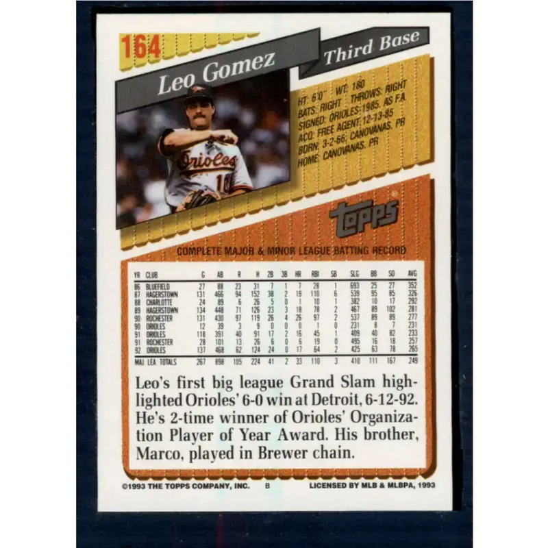 1993 Topps #164 Leo Gomez NM-MT Baltimore Orioles Baseball Card - Baseball Card Single