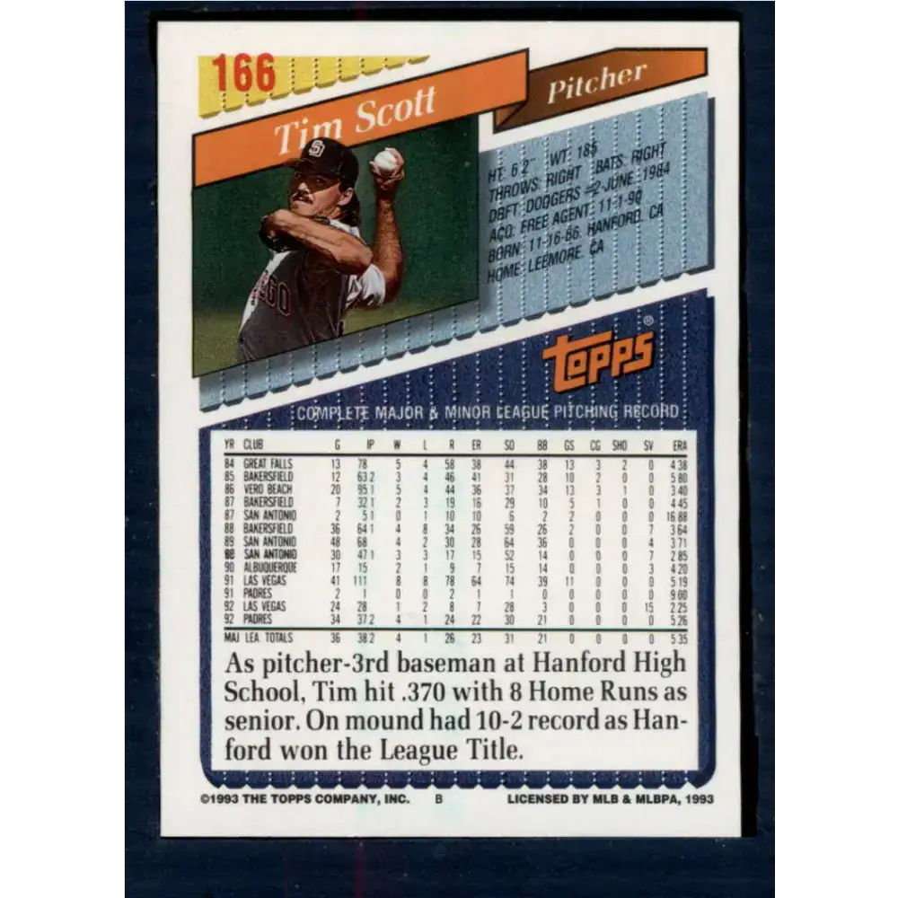 1993 Topps #166 Tim Scott NM-MT San Diego Padres Baseball Card - Baseball Card Single